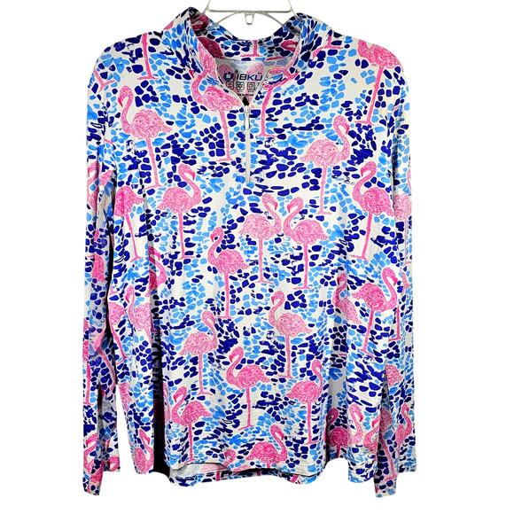 IBKUL Long Sleeve 1/4 Zip Mock Neck Flamingo Print Top Golf Pickleball Size XL - Picture 2 of 10